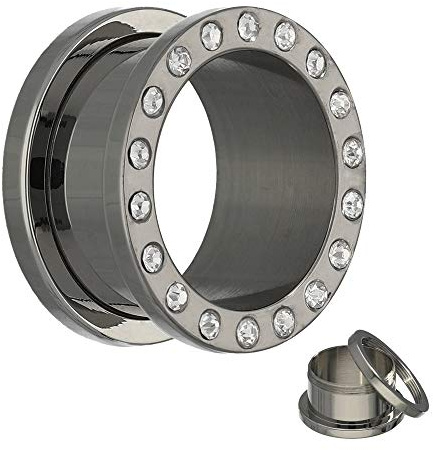 Treuheld® | TITAN Tunnel in Silber mit Kristallen - 18 Größen: 1,2-30mm - schraubbar - Piercing Ohr Flesh Tunnel aus silbernem Titanium mit klaren Steinchen