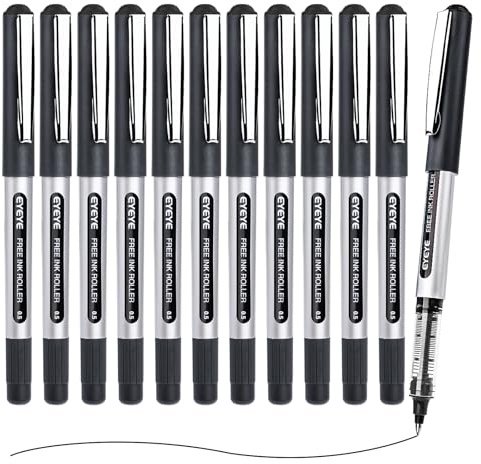 EYEYE 0.5mm Black Pens 12 Pack, Extra Fine Point Rollerball Pen Quick Dry, Liquid Ink Pens Fine Point Smooth Writing Pens for Journaling, Note Taking, School, Office Supplies