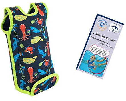 Lampiphant® + Konfidence Babywarma, Schwimm-Anzug mit Plitsch-Platsch-Fibel, Meerestiere/Navy, 0-6 Monate
