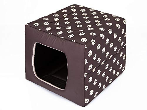 Hundehütte Hundebett 2in1 Hundehöhle Hundebett Hundehaus Tierbett braun mit Pfoten XL 53x53 cm