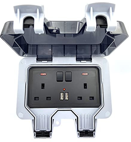 Standard UK Black Weatherproof Waterproof IP66 Outdoor BOX Wall Socket 13A Double Switched Outlet With USB Charging Port