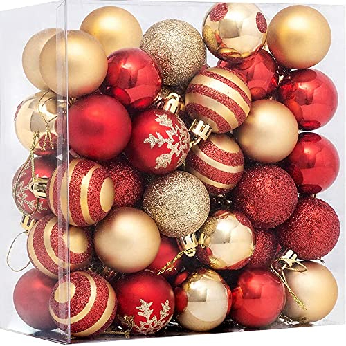 50 Pcs Xmas Tree Decorations with Red and Gold Baubles, Christmas Ornaments with Lanyard for Wedding, Birthday Party (Red & Gold)