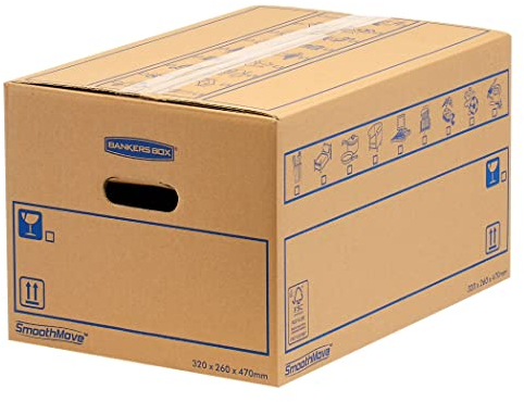 8 BANKERS BOX große, starke Umzugskartons, 39 l C-Flöte, SmoothMove Kartonaufbewahrungsboxen, robuste Kartons für Umzüge mit Griffen, 47 cm x 32 cm x 26 cm (8 Stück), Braun