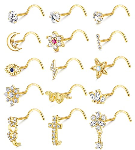 Adramata 15 Pcs 20G Nasenpiercing Stecker Nasenring für Damen Herren Chirurgenstahl Nasenpiercing L/Schraube Geformt Nasenstecker Schlange Blume Silber Gold Nasenstecker Nasenpiercing Schmuck