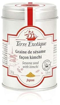 Semillas de sésamo tostado sabor kimchi 50 g en frasco metálico condimento crujiente umami para topping de ramen, arroz, poke, ensaladas y salteados