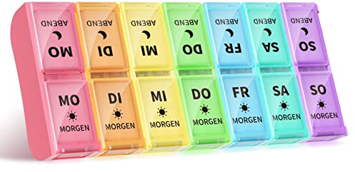 Opret Deutsche Tablettenbox 7 Tage 2 Fächer Morgens Abends, Abnehmbar Pillendose 7 Tage 2 Fächer, Pillenbox Medikamentenbox 7 Tage Tabletten Wochenbox Tablettendose Tablettenbox 14 Fächer