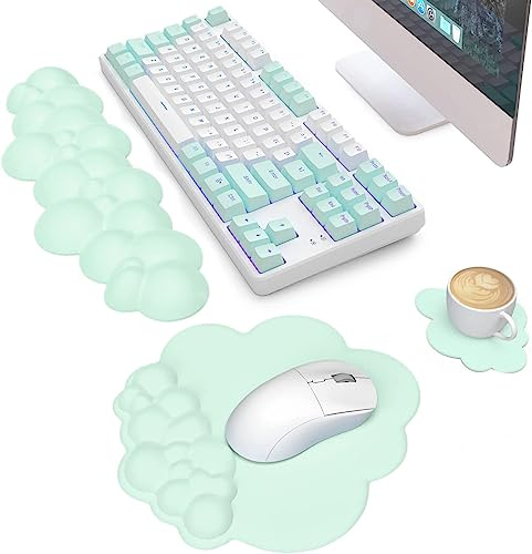 A.JAZZ 3 in 1 Cloud Ergonomische Tastatur-Handballenauflage,Mauspad und Untersetzer-Set,PU-Leder,rutschfeste Gummibasis und Memory-Schaum,einfaches Tippen und Schmerzlinderung,für Spiele,Office-Grün