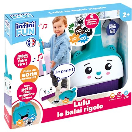 Infini Fun - Lulu Le Scopa Rigolo - La Prima Scopa Che Parla Quando spazza! - Set Completo di Scope, Pala e polveri Divertenti - Giocattoli d'imitazione per Bambini dai 2 Anni