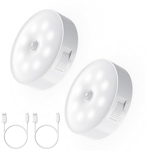 HUSAIHU 2 Pack Motion Sensor Night Lights, USB Charging Wireless LED Wardrobe Light, 2 Modes Warm and White Night Light, Sensor Lamp for Bedside, Stair, Bathroom, Closet, Corridors, Warehouse