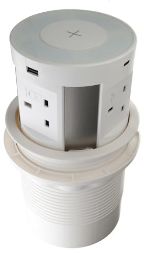 Desk Power Pop-Up 4 abgesicherte UK-Steckdosen (2 x USB-A, 2 x USB-C, Qi-Ladegerät, kabellos), Weiß
