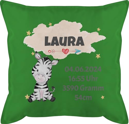 Kissen 50x50 - Zur Geburt - Zebra Geburtsdaten - Mädchen Datum Gewicht Uhrzeit Größe - 50 x 50 cm - Grün - geburtskissen baby geschenke neugeborene geburtsgeschenk daten kopfkissen babygeschenke