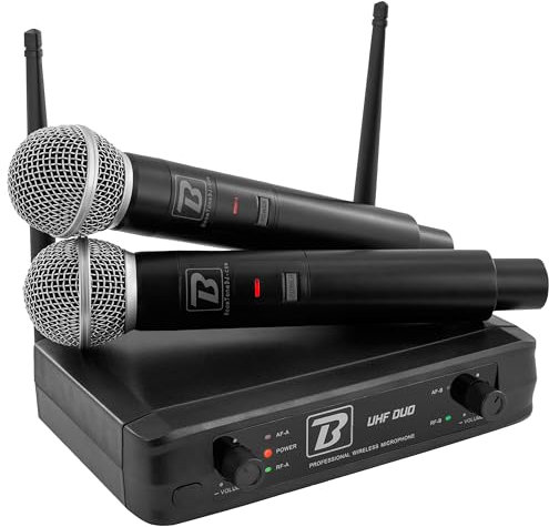 BoomToneDJ UHF Duo - Système Complet micros sans Fil UHF - 2 Microphones dynamiques Main - Double Canal - 663.5 et 682.2 MHz. Idéal pour Chant, Discours, Karaoke, Animation.