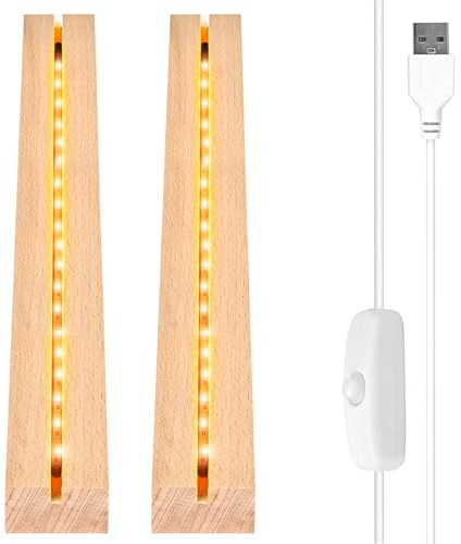 2 Stück LED-Sockel aus Holz, Sockel LED beleuchtet, LED-Halterung mit USB-Schalter für Desktop-Anzeige, Kristallkugel, Acrylplatte (30 cm lang, warmweiß)