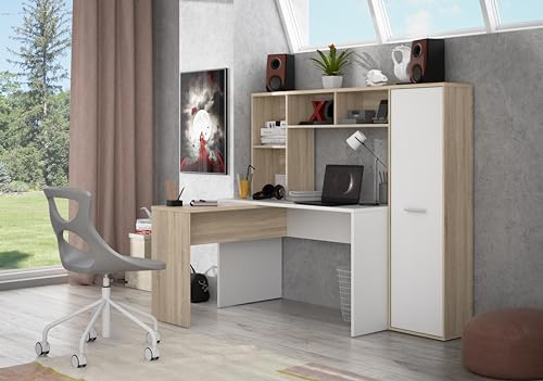 Forte ERIADU Moderner Schreibtisch 170 180, Großzügiger Schreibtisch, Home Office, Büro, Computertisch, Holzwerkstoff, Sonoma Eiche Holzdekor/Weiß, 173 cm breit x 152 cm hoch x 116 cm tief