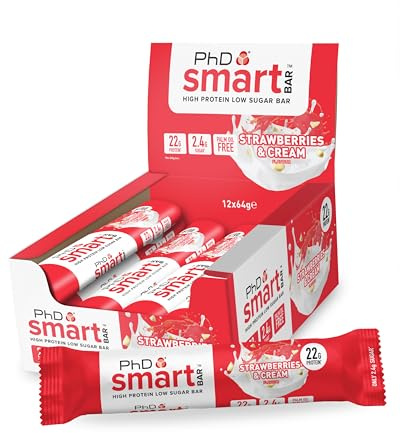PhD Nutrition Smart Bar Barre protéinée 12x64g Fraise et crème - En-cas High Protein avec 22g de protéines et peu de sucre, Barre protéinée macro-friendly
