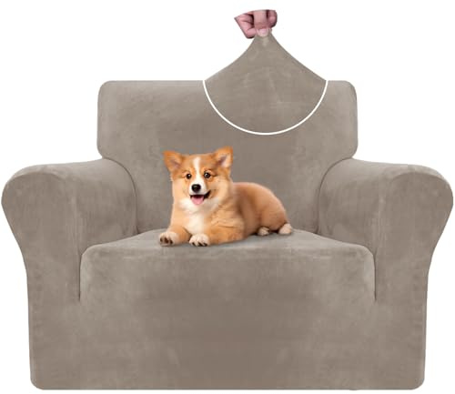 CYCMACO Samt Sofa Überzug 1 Sitzer, Sesselhusse Elastische, Couch Überzug Haustier Katze Hunde, Universal Sofa Cover Moderne, Sofahusse Mit Armlehnen, Sofaschoner rutschfest, Khaki