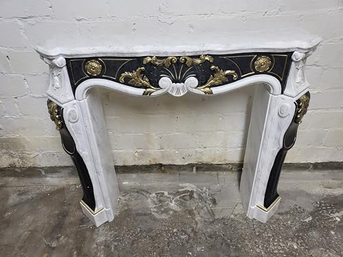 Revestimiento de chimenea rococó color blanco carara marmolado con inserto de perla, ancho 115 cm