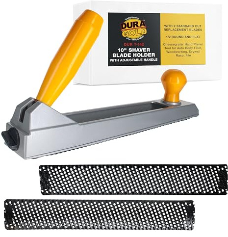 Dura-Gold 10 Shaver Blade Holder with Adjustable Handle and 2 Standard Cut Replacement Blades, 1/2 Round and Flat - Cheesegrater Hand Planer Tool for Auto Body Filler, Woodworking, Drywall Rasp, File