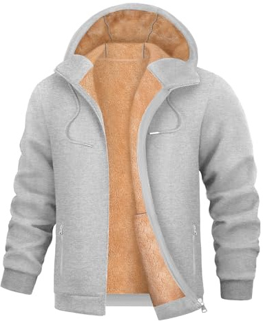 Xnova Sweatshirt för män med huva i fleece och hel dragkedja herrtröja ledig stil vinterhuvtröja för arbete, sport, resor, Ljusgrå, M