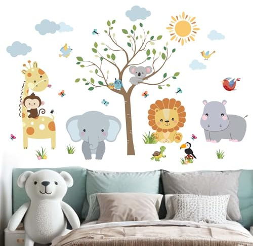 Amimagen Wandtattoos Dschungel Baby Tiere Wandabziehbilder - Elefant Löwe Giraffe Nilpferd Koala Wandaufkleber - Kinderzimmer Kinder Mädchen Zimmer Kindertagesstätte Spielzimmer Klassenzimmer Wanddeko