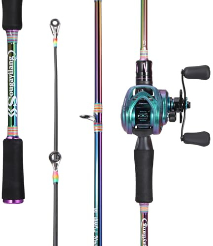 Sougayilang Baitcasting Angel Combo, 2-teilig, Bunte leichte tragbare Angelrute mit superglattem Baitcast-Angelrolle für Süß- und Salzwasser-2.1-R