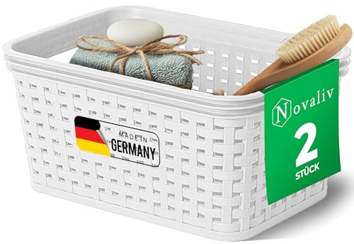 Novaliv 2 Stück Eleganter Aufbewahrungskorb in Rattan-Optik | Weiß Kunststoff 2L ? Perfekt für Bad & Kleidungsaufbewahrung. Aufbewahrungsbox Badezimmer Körbchen Bad Organizer Korb Ordnungsbox