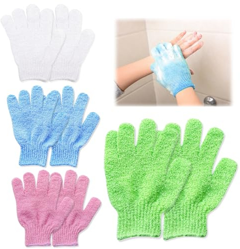 JYTDBCS Lot de 8 gants exfoliants en polyester, gants de lavage exfoliants pour le corps, gants de douche pour adultes et enfants, incarnés (bleu, blanc, rose, orange)