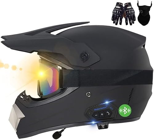 Casques Moto Cross Bluetooth, ECE Homologué, Casques De Motocross avec Gants/Lunettes/Masque, Confortable Et Ventilé, Sûr, Convient pour Motocross, VTT, Cross-Bike, BMX O,M57-58CM