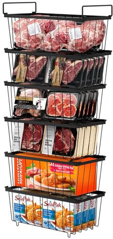 Teodute 6 Pack Chest Freezer Baskets, Stackable Organiser With Handles, Drawers for 198L Chest Freezer to Sort Frozen Foods (Black)