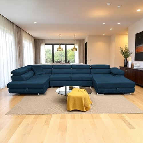 SOFILAND Wohnlandschaft Aller Moon U XXL-Ecksofa mit Schlaffunktion und Zwei Bettkästen. (Dunkelblau, Links)