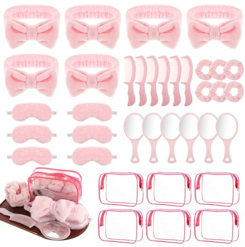 Lot de 36 accessoires fête pyjama, 6 masques roses, 6 chouchous velours, 6 sacs rangement, 6 miroirs, 6 peignes, cadeau soirée pyjama