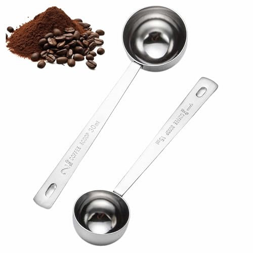 Juego de 2 cucharas medidoras de acero inoxidable con mango largo para café molido, espresso, té, azúcar y leche en polvo, 2 tamaños