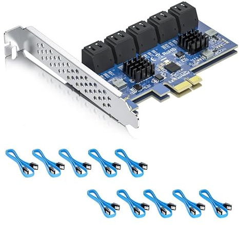 10 Ports PCIe SATA Erweiterungskarte, inklusive 10 STK. SATA Kabel, kompatibel mit Windows, Linux, Mac OS, NAS