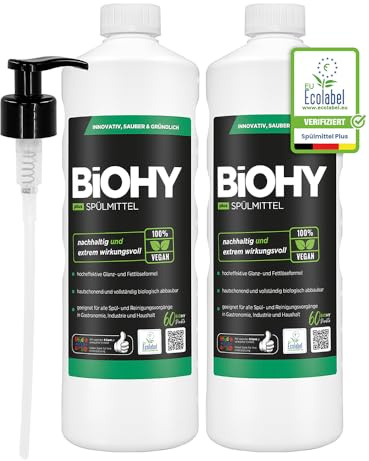 BiOHY Detergente para lavavajillas Plus (2 x 1 litro) + dispensador de bomba, concentrado líquido orgánico para vajilla con etiqueta ecológica de la UE, desengrasante extrapotente, ideal para