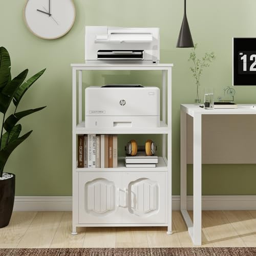 Natwind 4 Tier Printer Stand with File Cabinet, Vertical Filling Cabinet with Adjustable Open Shelves, Decorative Wood Printer Shelf with Storage for Home Office, White