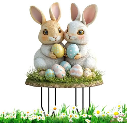 HIAME Osterdeko Outdoor, 2D Gartenstecker Osterdeko Ostern Garten Hasen Deko, Osterhase Osterdeko für Draußen und Drinnen Gartendeko, Garten Stecker Frühling Deko Ostern Hase (C)