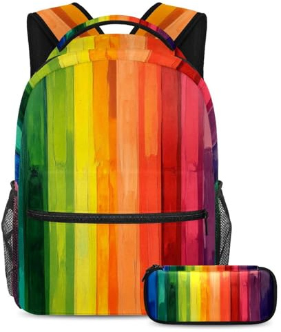 VAPOKF Rainbow Color Stripes Paint School Bag Set for Teen Girls Boys Kids, Student Bookbag Backpack Rucksack with Pencil Case for Primary Secondary Junior High School
