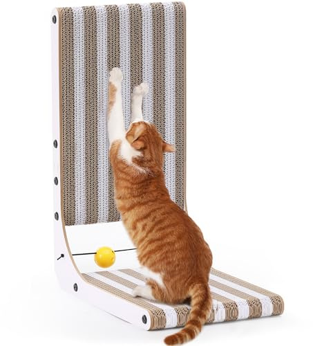 FUKUMARU Rascador para gatos, almohadilla para rascar gatos en forma de L de 48 cm, patrón de tiras, poste rascador de gatos montado en la pared, rascador de gatos de cartón con juguete de bola para