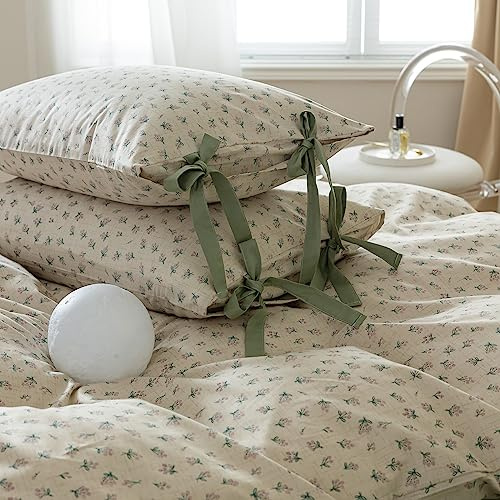 Green Floral Pillowcases Set Cute Blossom Flower Pillow Shams with Elegant Bow Ties Vintage Floral Cotton Pillow Covers Botanical Pillowcases Set Standard Size Pillow Shams, (2 Pieces, 20x26)