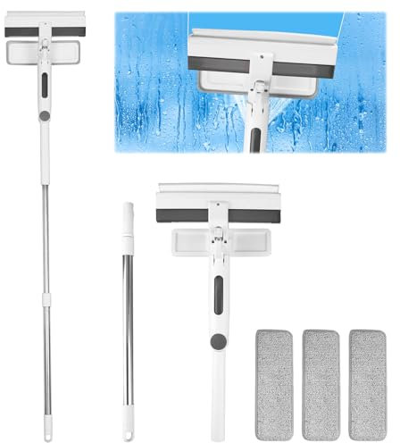 FitRepa 3-in-1 Window Cleaner, Window Wiper with Telescopic Handle and Spray Function, Telescopic Window Cleaner with 3 Cleaning Cloths, for Bathroom, Shower, Glass, Mirror, Car