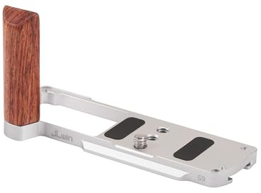 FOTGA L-format trähandtag grepp snabbkopplingsplatta för Panasonic Lumix S9 kamera – retrostil handgrepp, Arca Swiss kompatibelt stativfäste, aluminiumlegering basplatta (silver)