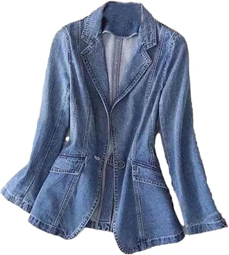 Yancremio Eleganter Vielseitiger Schmaler Jeansblazer Für Damen Im Business Und Bürostil Im Koreanischen Stil Mode Für Frühling Und Herbst Freizeit Outdoor Party Beruf (Blau,XXL)