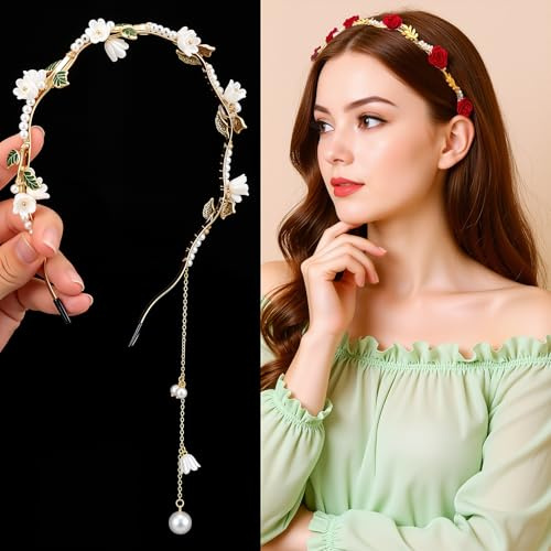 Heclia Flower Girl Hair Accessory for Wedding 2 PCS Gold Vine Leaf Boho Headband and Vintage Red Rose Renaissance Accessories Bridal Pearl Headpiece Wedding Princess Fairy Headband for Birthday Party
