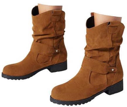 Xbemkste Botas occidentales para mujer, botines de vaquero con tacón de ante en el tobillo, botas holgadas de caña ancha, botas cortas, retro, medias altas, marrón, 34.5 EU