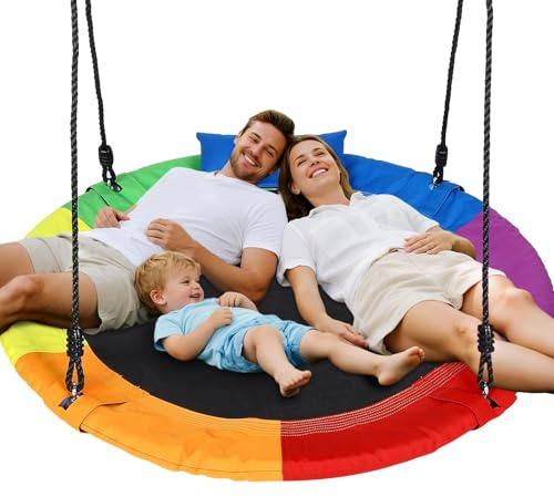 Patio de juegos al aire libre, columpio de árbol para niños, juegos de columpios al aire libre para patio trasero, asiento redondo con 2 correas para colgar, capacidad de 300 kg, cuerdas ajustables