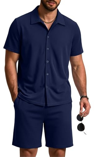 Aseniza Pyjama Homme Été Coton Ensemble Court Chemise Col à Revers | Short à Manches Courtes avec Fermeture à Boutons et Coupe Décontractée Idéal comme Loungewear et Vêtement de Nuit à la Maison