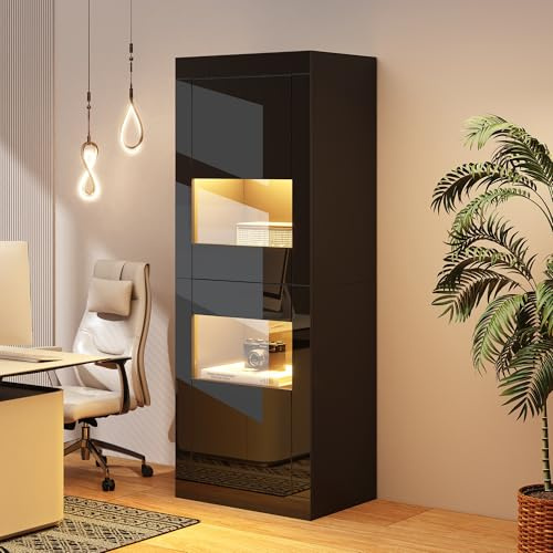Vitrina Con Tablero De Partículas, Vitrina De Alto Brillo Con Iluminación LED Regulable, Mueble Expositor Con Baldas De Vidrio Ajustables, Armario Para Salón Dormitorio Y Comedor, Negro, 61x42x162 cm