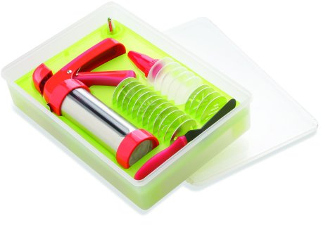 KUHN RIKON 22902 Backen Biscuitspresse Edelstahl & Deko-Set zum Dekorieren Gebäckpresse 16 Formen, Scheiben, Glasurflaschen, Aufsätze, Spachtel mit Rezepten in Aufbewahrungsbox 30,5 x 21,9 x 7,6 cm