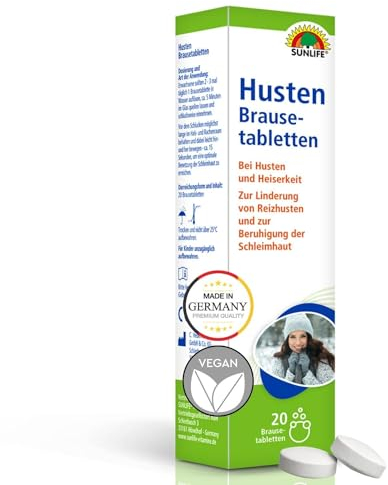 SUNLIFE Husten Brausetabletten - 1 x 20 Stück - Hustenstiller mit Acacia Senegal - Brausetabletten bei Husten & Heiserkeit - Husten Tabletten gluten- & laktosefrei