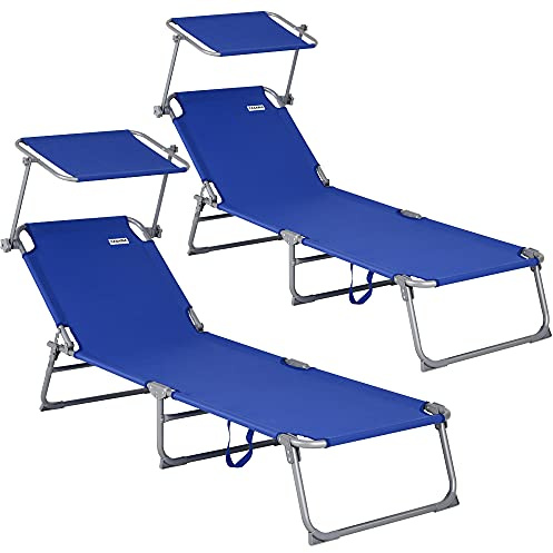Casaria 2X Chaise Longue Pliable Hawaii Bleu transat avec Pare-Soleil Bain de Soleil pour Plage Jardin Camping Transport
